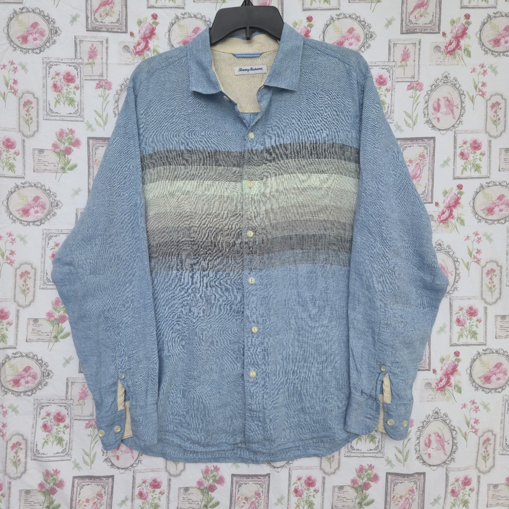 Tommy Bahama Mens L 100% Linen Long Sleeve Button Up Shirt Blue Striped Gradient
